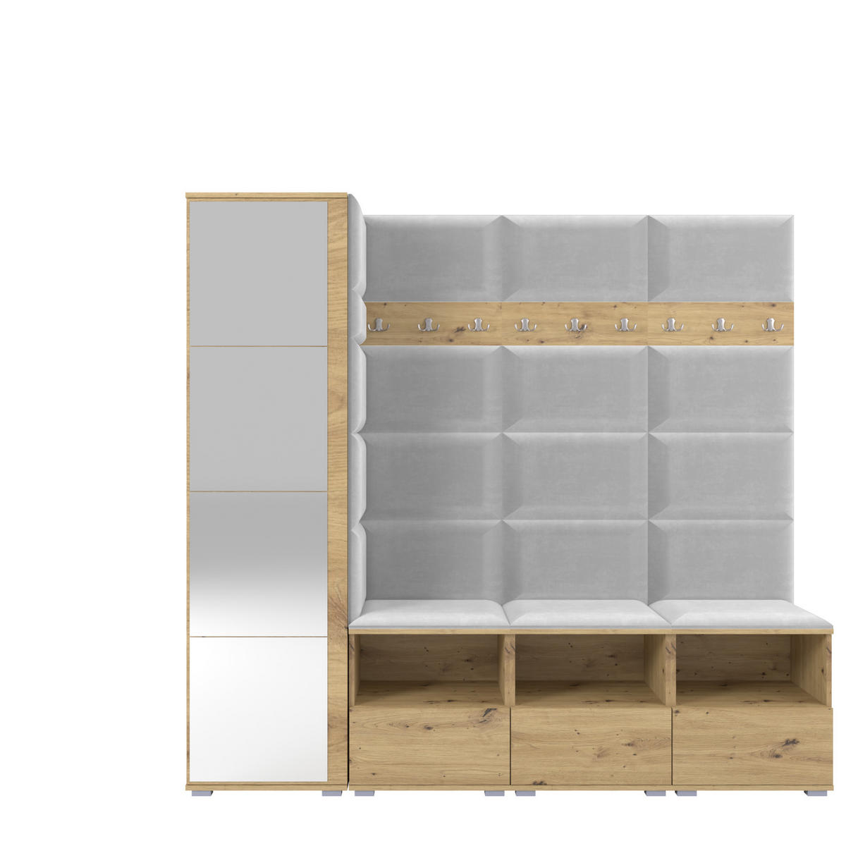 GARDEROBE NELA IX 200 cm (Modulare Flurmöbel Artisan Eiche mit Spiegel & Sitzpolster Hellgrau 32 Breite Sitzbank) - Silberfarben/Hellgrau, Holz/Holzwerkstoff (200/187/40cm) - Ravio
