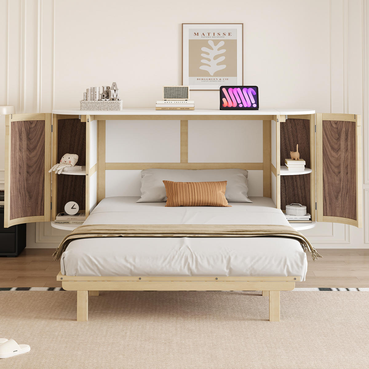 SCHRANKBETT 140/200 cm Holz geflochten mit praktischen Staufächern - Naturfarben, Holzwerkstoff (140/200cm) - OKWISH