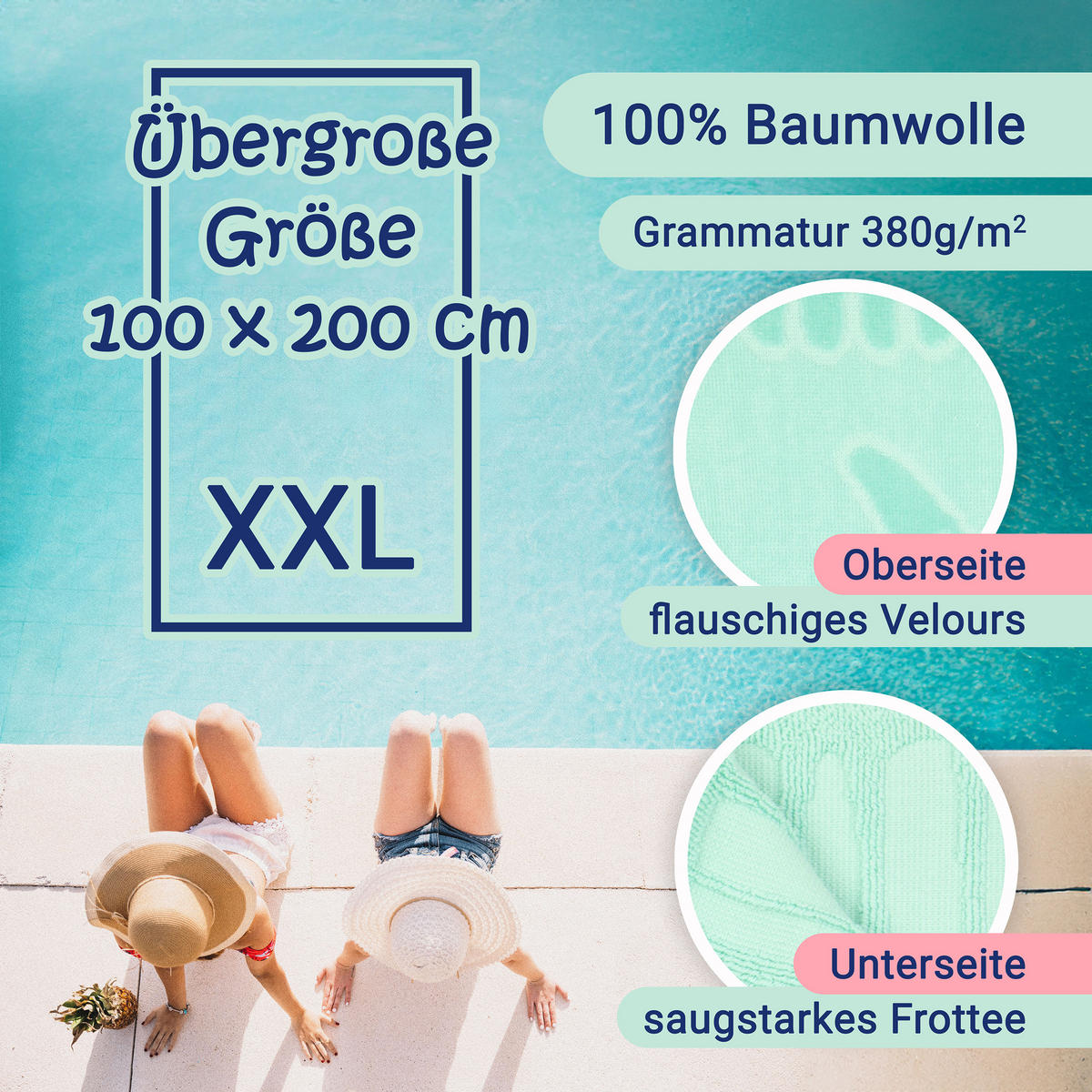 STRANDTUCH, 100x200 cm, 100% Baumwolle, Grün - Hellgrün, Textil (100/200cm) - Zollner