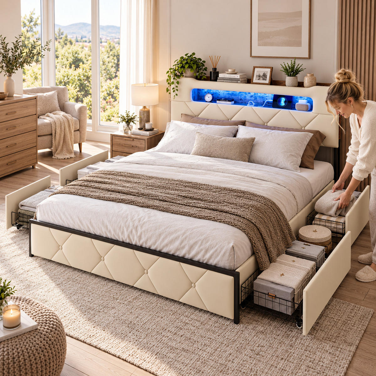 POLSTERBETT 160/200 cm Beige mit LED, USB & 4 Schubladen - Beige, Holz/Metall (160/200cm) - Joyfair