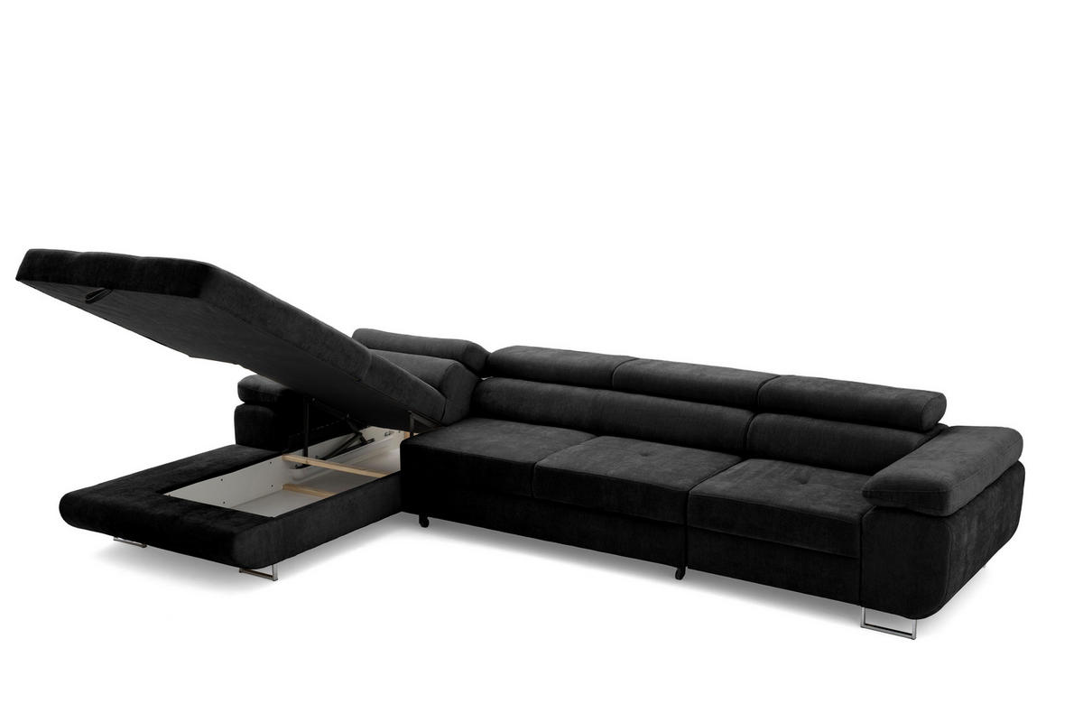 ECKSOFA ALONZO MAXI Rechts mit Schlaffunktion 125x195 Chenille Schwarz - Chromfarben/Schwarz, Holz/Textil (350/203cm) - Muffo