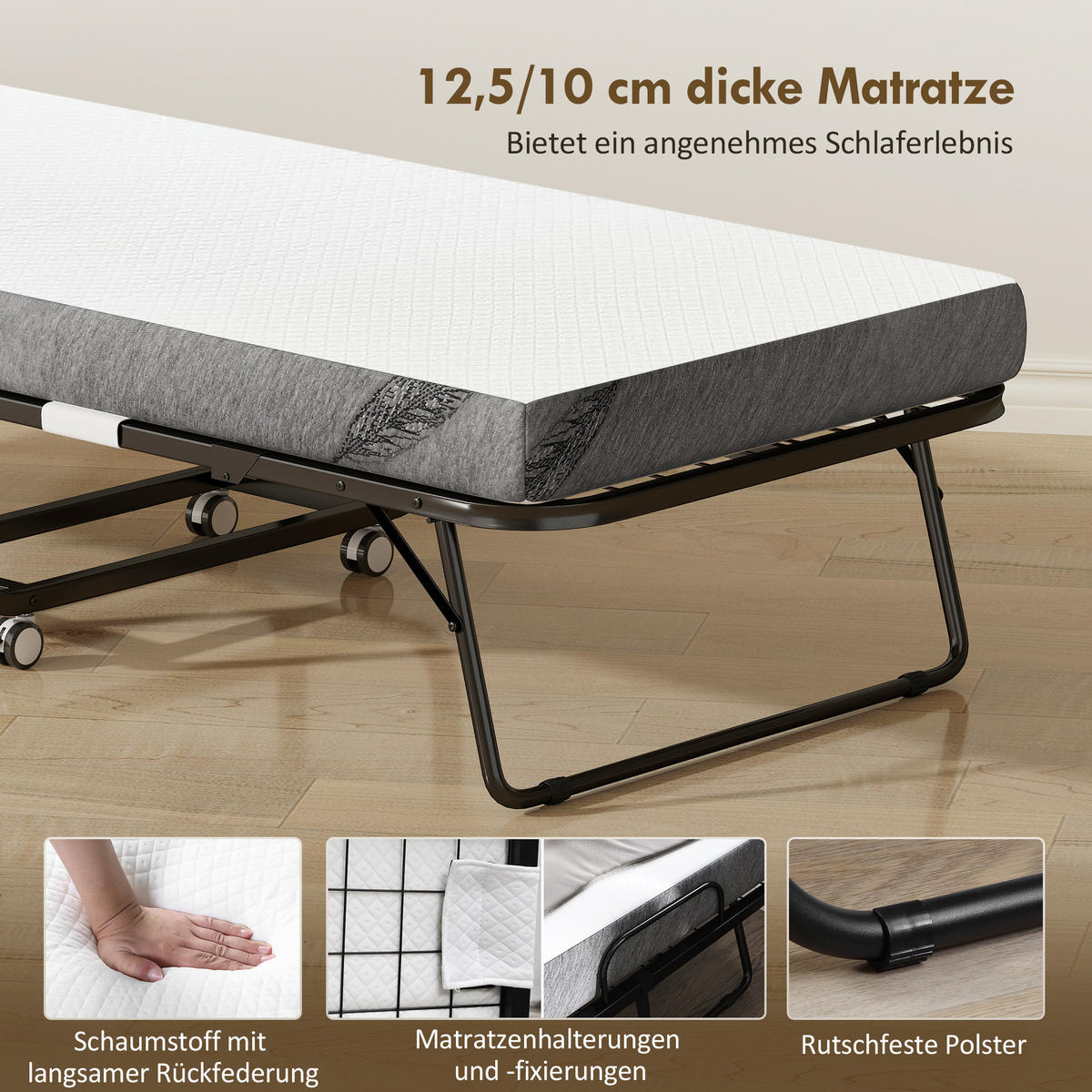 KLAPPBETT 80x200 cm DE-10738 mit 10 cm Schaumstoff & Rollen Grau - Grau, Textil (80/200cm) - ComfortXL