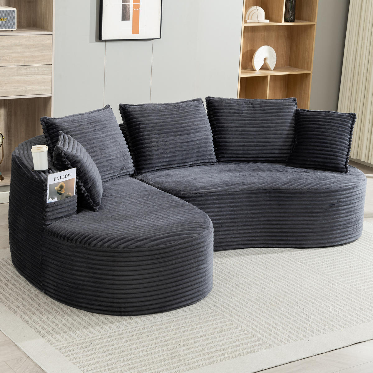 SOFA mit Getränkehaltern und Seitentaschen 250 x 152 cm Cord Dark Gray - Dunkelgrau, Textil (152/250cm) - Meubliv