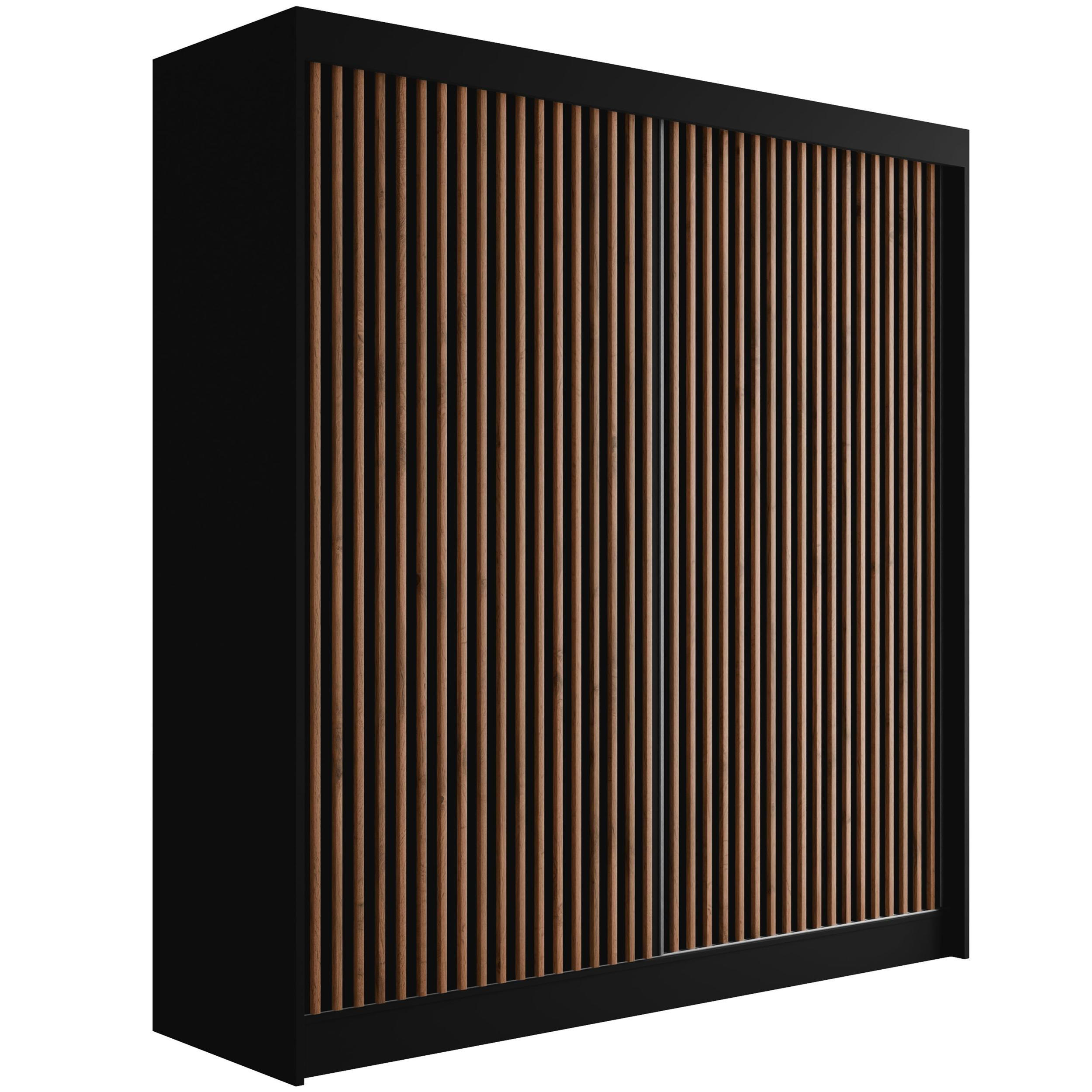 KLEIDERSCHRANK mit Lamel-Schiebetüren VILANv2 - 200 cm Schwarz + Lamelle Eiche Wotan - Eiche Wotan/Schwarz, Holzwerkstoff (200/215/61cm) - ALTDECOR