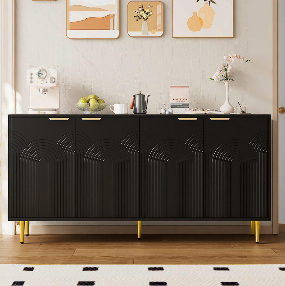 SIDEBOARD 160/40/80 cm in Schwarz mit 4 Türen und verstellbaren Einlegeböden - Schwarz, Holzwerkstoff (160/80/40cm) - Flora Grace