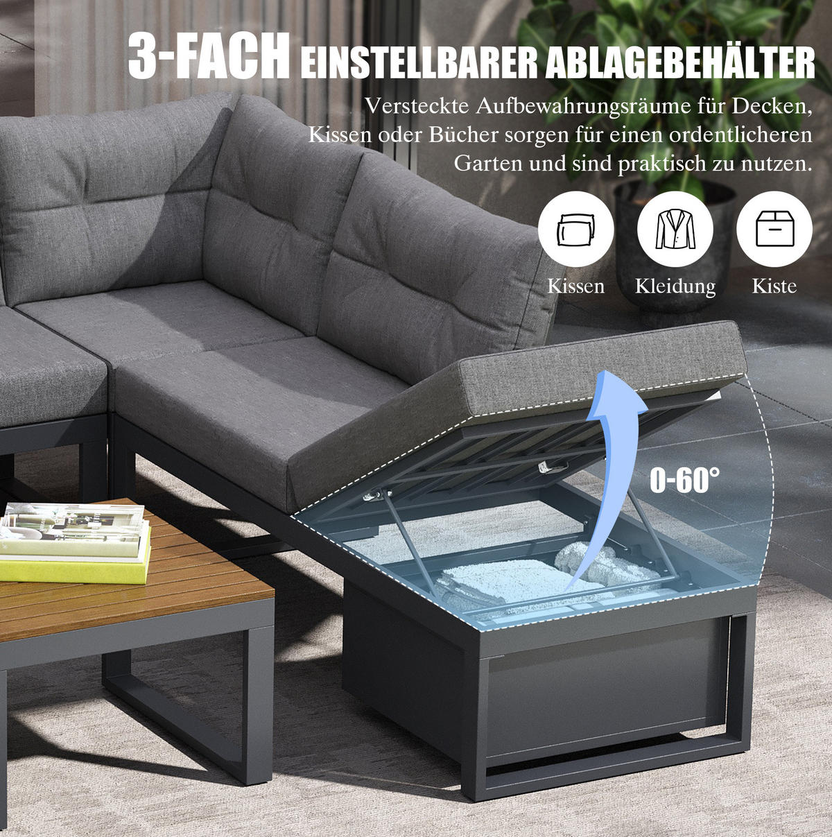 GARTENMÖBELSET 191,5/191,5/79 cm grau aus Polyester und Eisen mit Stauraum und Liegefunktion - Grau, Textil - OKWISH