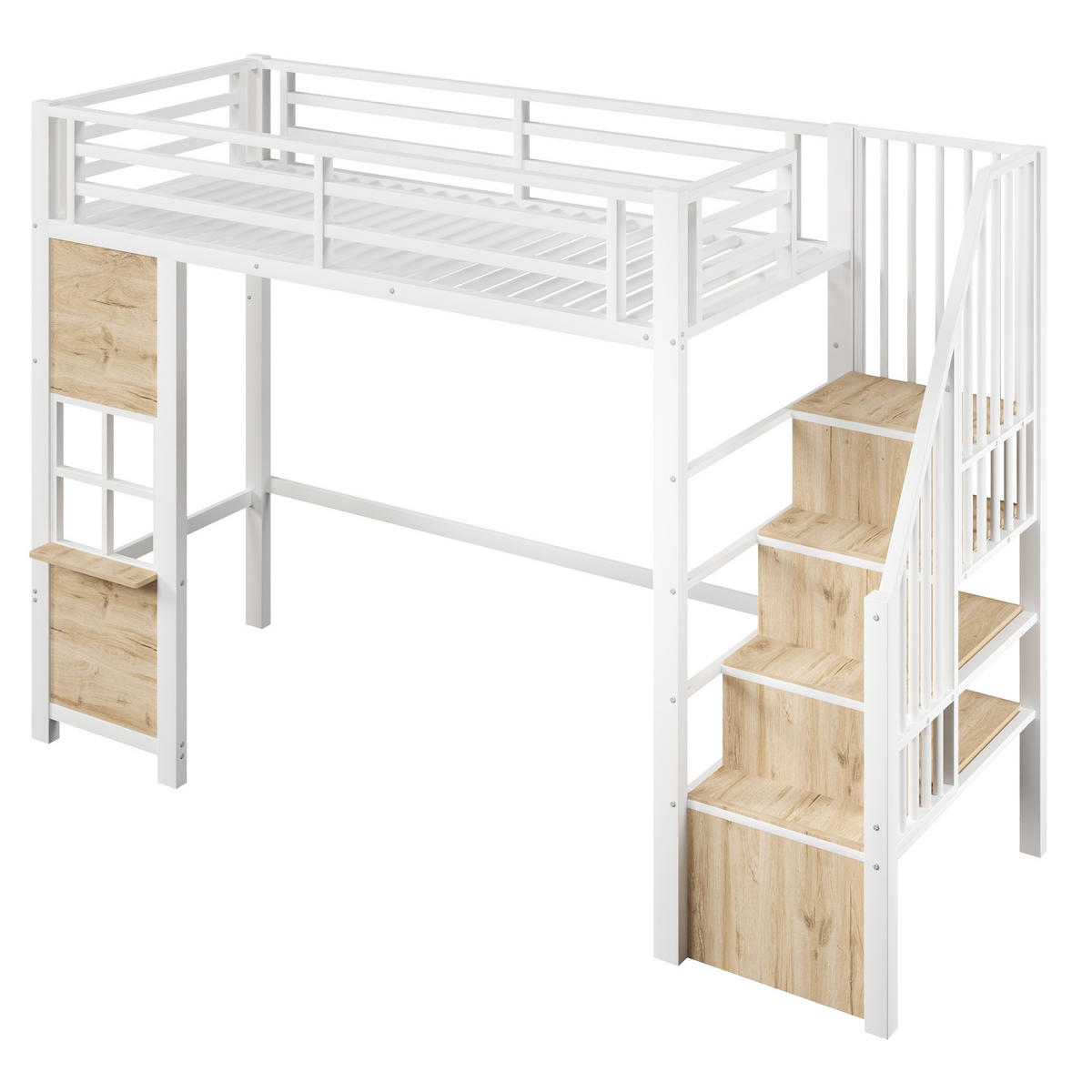 HOCHBETT 90/200 cm Weiß mit Stauraumtreppe und offener Stauraum - Weiß, Metall (90/200cm) - Oxeza