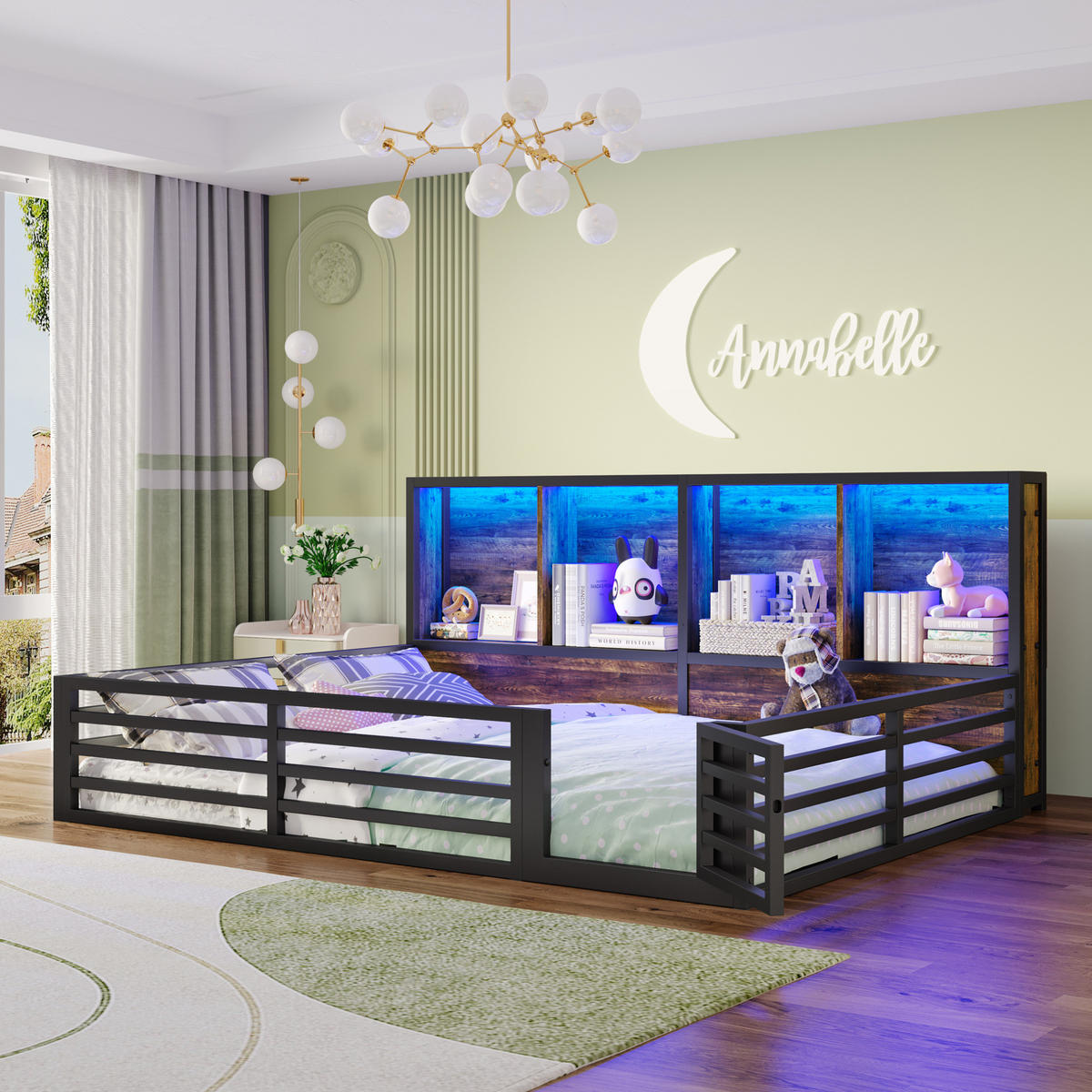 KINDERBETT 140/200 cm schwarz aus Metall und MDF mit Stauraum und LED - Schwarz, Holzwerkstoff (140/200cm) - OKWISH