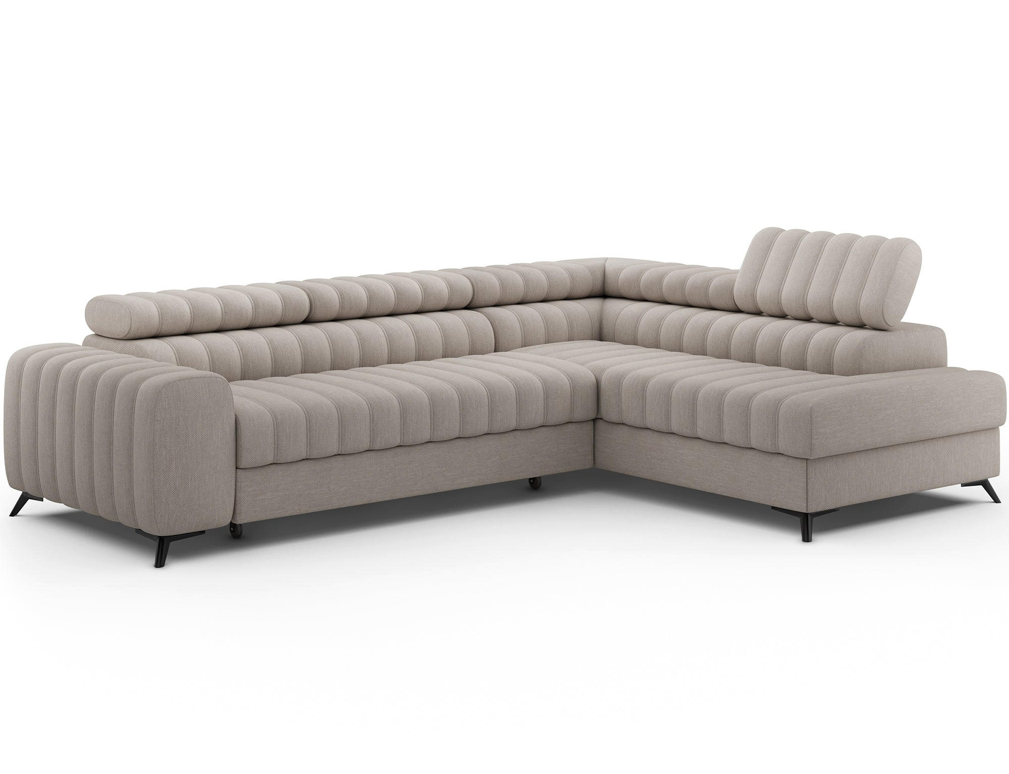 KANEDO Ecksofa mit Schlaffunktion und Bettkasten – Modernes Designsofa, verstellbare Kopfstützen, Metallfüße - Beige, Kunststoff (269/86cm) - Wohnideebilder