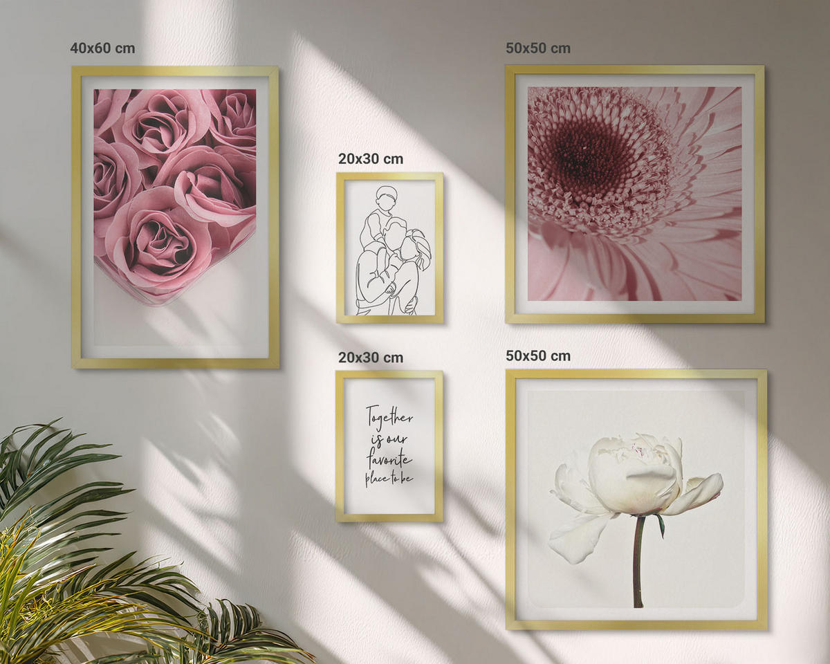 WANDBILDER 5er Set - 50x50 cm & 20x30 cm & 40x60 cm Goldrahmen - Rosensträuße als Familienzeichnung - Goldfarben, Kunststoff (40/60cm) - ArtPrintCave