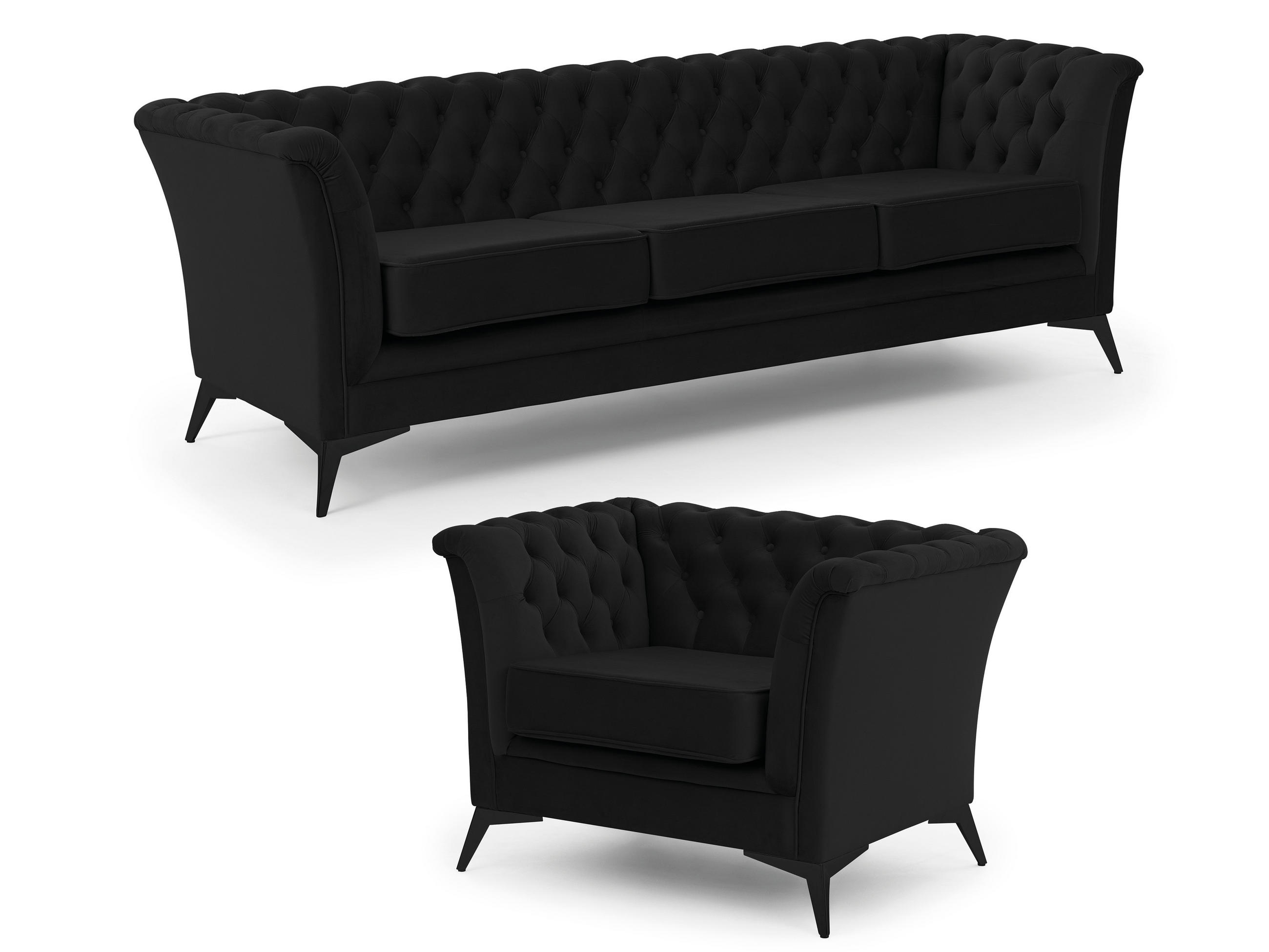 SITZGARNITUR 3+1 Chesterfield Whitby Schwarz Samt mit schwarzen Füßen - Schwarz, Holz/Textil (237/78/82cm) - S-Style Möbel