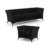 SITZGARNITUR 3+1 Chesterfield Whitby Schwarz Samt mit schwarzen Füßen - Schwarz, Holz/Textil (237/78/82cm) - S-Style Möbel