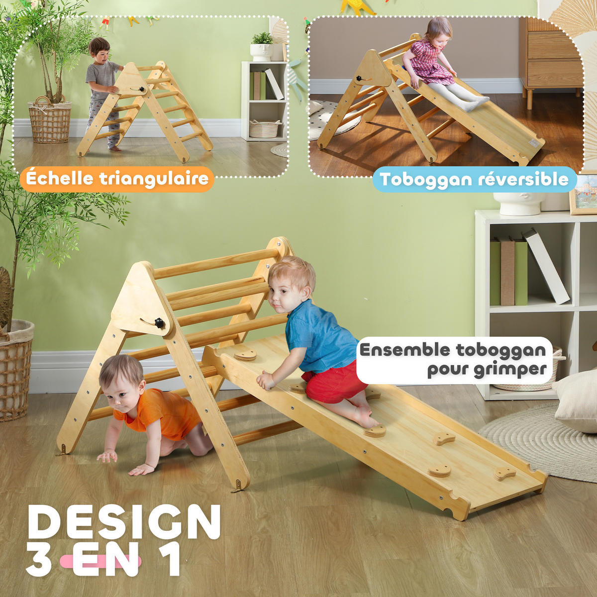 KLETTERDREIECK DE-18382 3-in-1 mit Rutsche Natur - Naturfarben, Holzwerkstoff (64.5/147cm) - ComfortXL