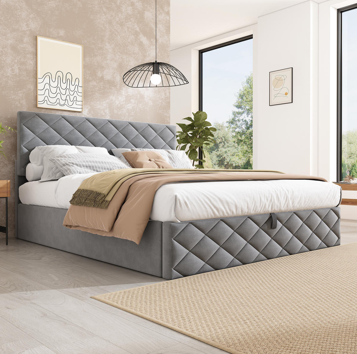 POLSTERBETT 140/200 cm Grau mit hydraulischem Funktionsbett und Stauraum - Grau, Textil (140/200cm) - OKWISH