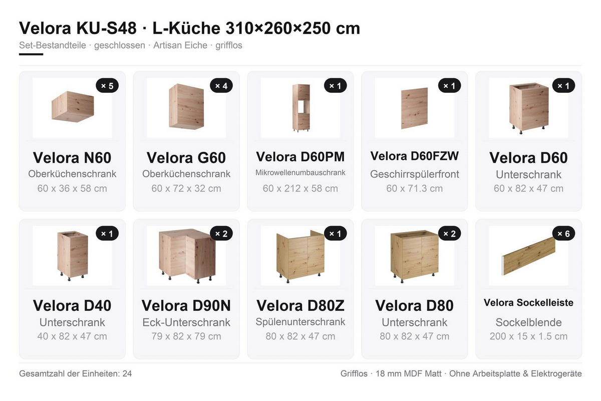 U-KÜCHE 310 x 260 x 250 cm VELORA – KU-S48 – Eiche Artisan - Eiche Artisan, Holzwerkstoff (310/248/260cm) - hi-markt