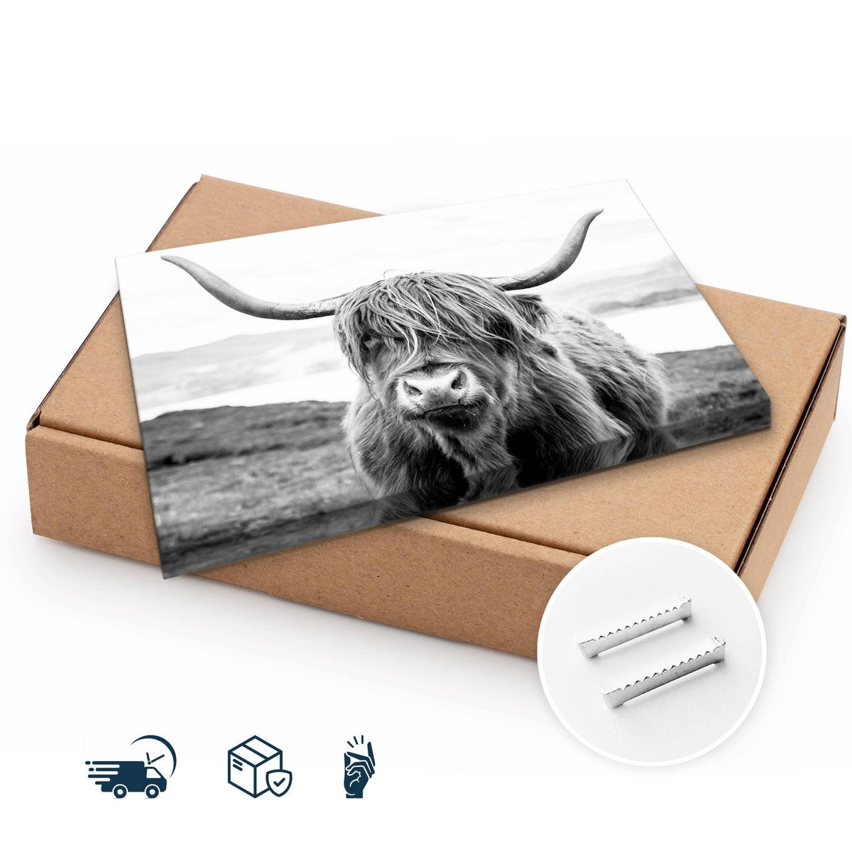 LEINWANDBILD Schottische Kuh Tier Natur Landschaft 3D 100/70 cm - Schwarz/Weiß, Textil (100/70cm) - Muralo