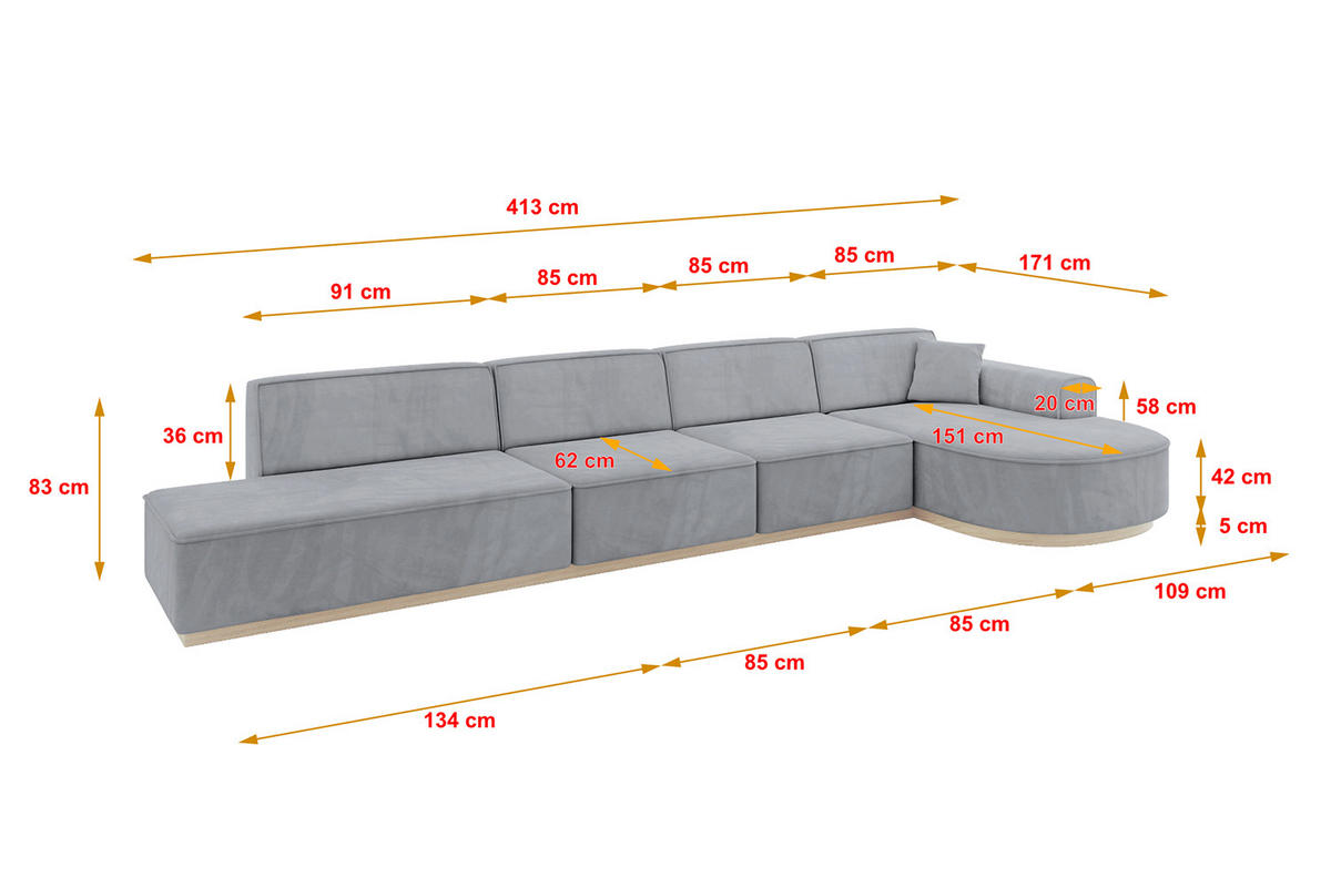 ECKSOFA Ottomane Rechts ARRIO-L3 - 413x171x83 cm Hellgrau - Grau, Holzwerkstoff/Textil (413/171cm) - ALTDECOR
