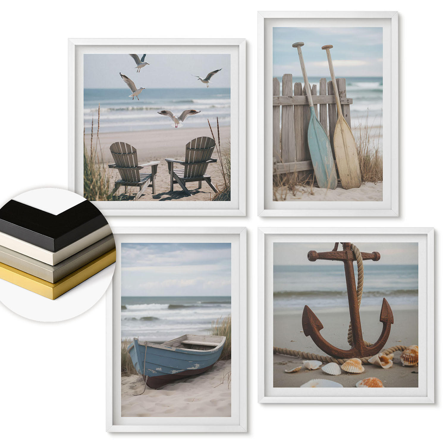 WANDBILDER 4er-Set - 50x50 cm & 40x60 cm Weißer Rahmen - Sommerstrände, Meereslandschaft - Weiß, Kunststoff (50/50cm) - ArtPrintCave