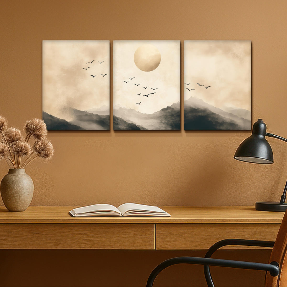 LEINWANDBILD 3er Set Landschaft - Japandi - Beige - Vögel 90x40 cm - Beige, Textil (90/40cm) - MuchoWow