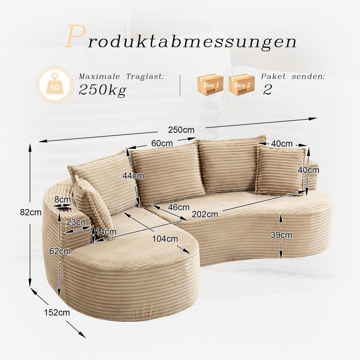 ECKSOFA Cord Khaki mit Becherhaltern, Seitentaschen und mit Kissen - Hellbraun, Textil (250/152cm) - WISHDOR