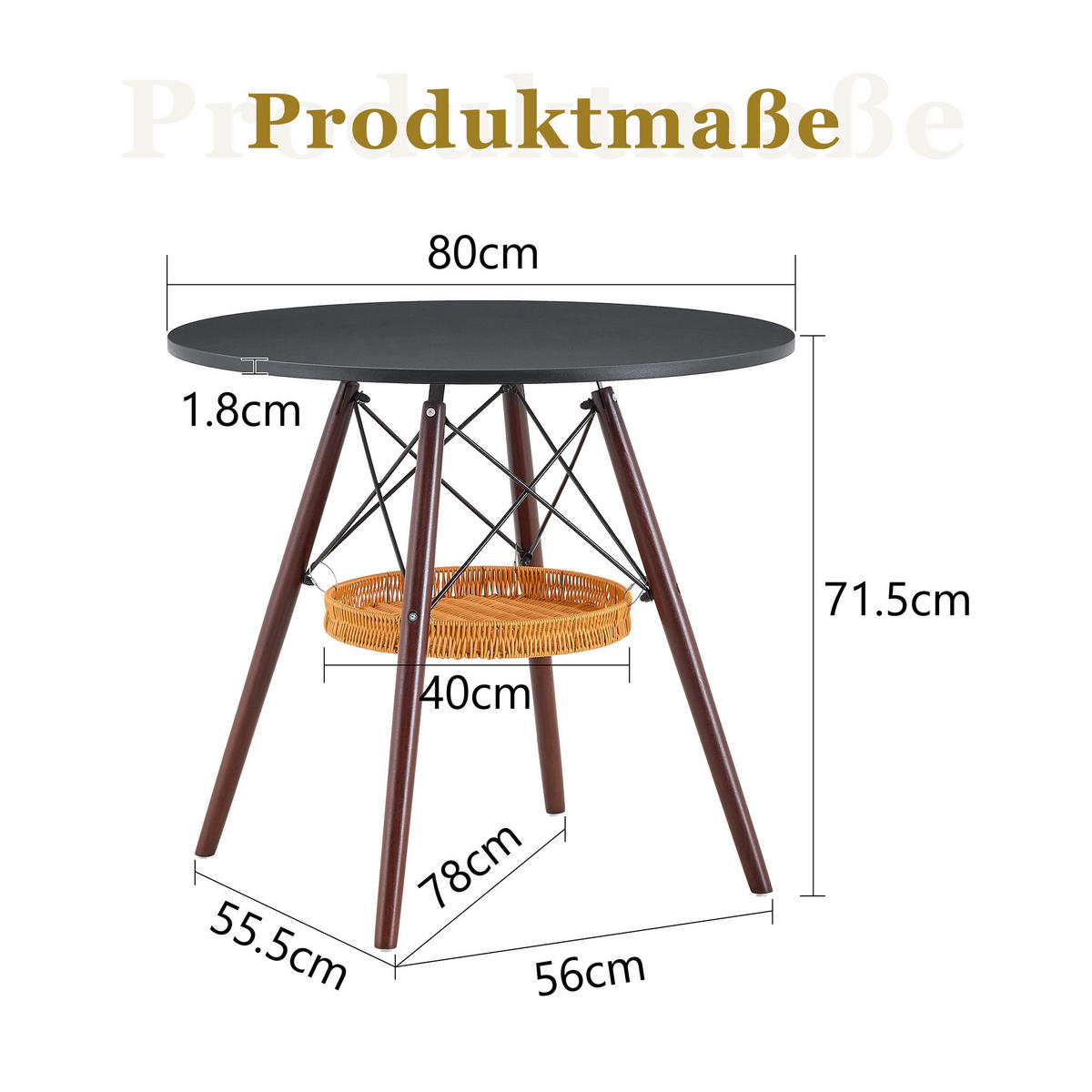 ESSTISCH in Eichefarben|Schwarz Küchentisch mit MDF-Tischplatte, Massivholzbeinen und geflochtener Ablage, B80/T80/H71.5cm - Eichefarben/Schwarz, Holzwerkstoff/Metall (80/80/71.5cm) - STILVORA