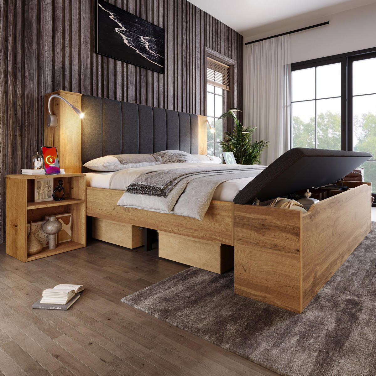 BETT 180/200 cm Eiche aus Holz mit Nachttischen, Bettbank und Leselampen - Eichefarben, Holzwerkstoff (180/200cm) - OKMYHOME