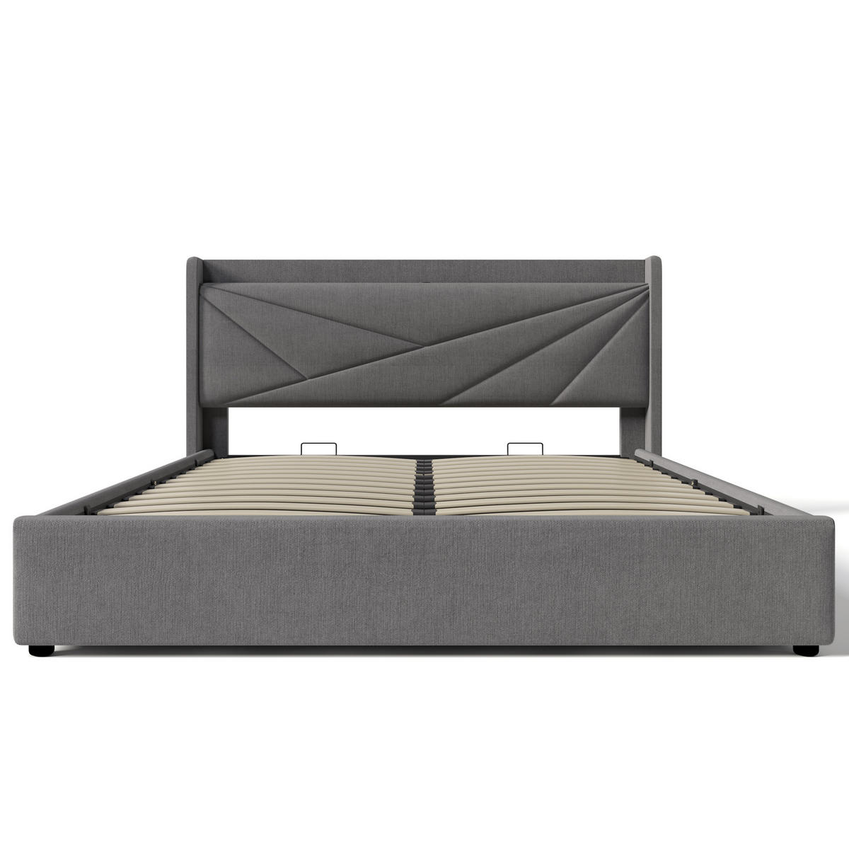 POLSTERBETT 140/200 cm mit USB- und Typ-C-Anschluss, Bettkasten und geometrischem Kopfteil, Grau - Grau, Textil (140/140cm) - Redom