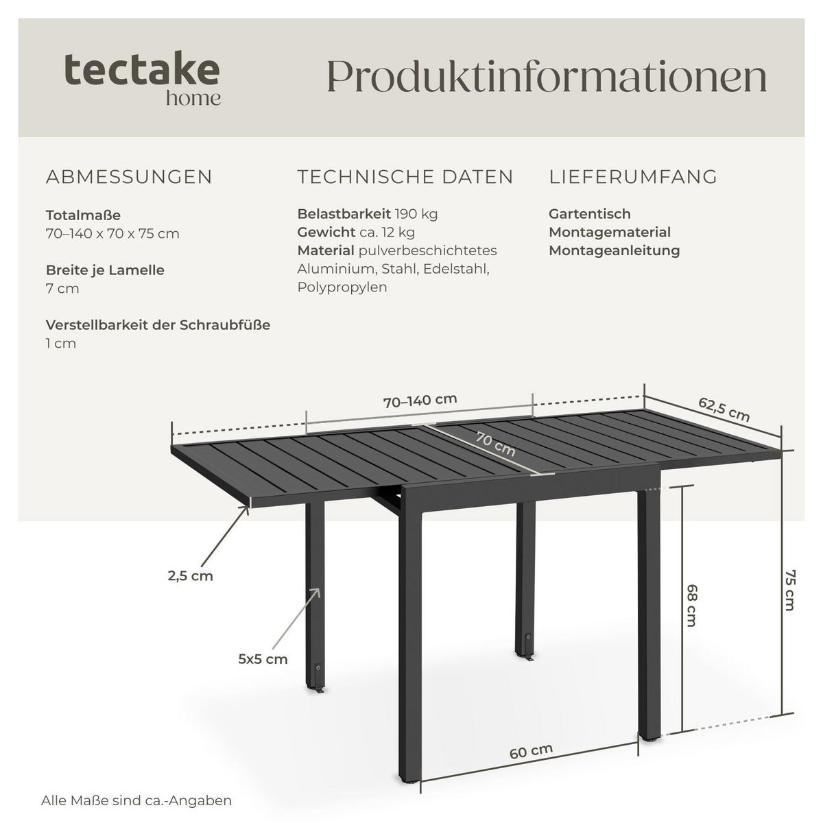 GARTENTISCH aus Aluminium Campos, 70–140 x 70 x 75 cm, dunkelgrau - Dunkelgrau, Metall (70/140/75cm) - tectake