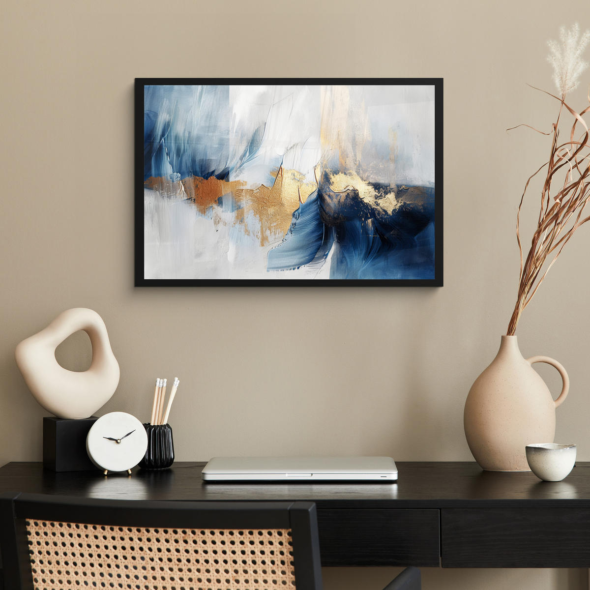 POSTER MIT RAHMEN Gold - Blau - Aquarell - Kunst - Modern 60x40 cm - Hellblau, Papier (60/40cm) - MuchoWow