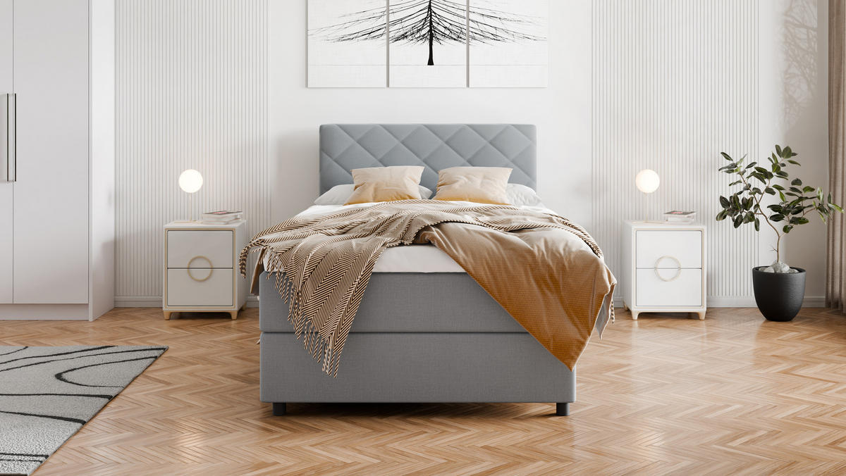 BOXBETT Diamaro 120x200 cm mit Bettkasten und Topper - Hellgrau - Hellgrau, Holz (120/200cm) - Panda Möbel