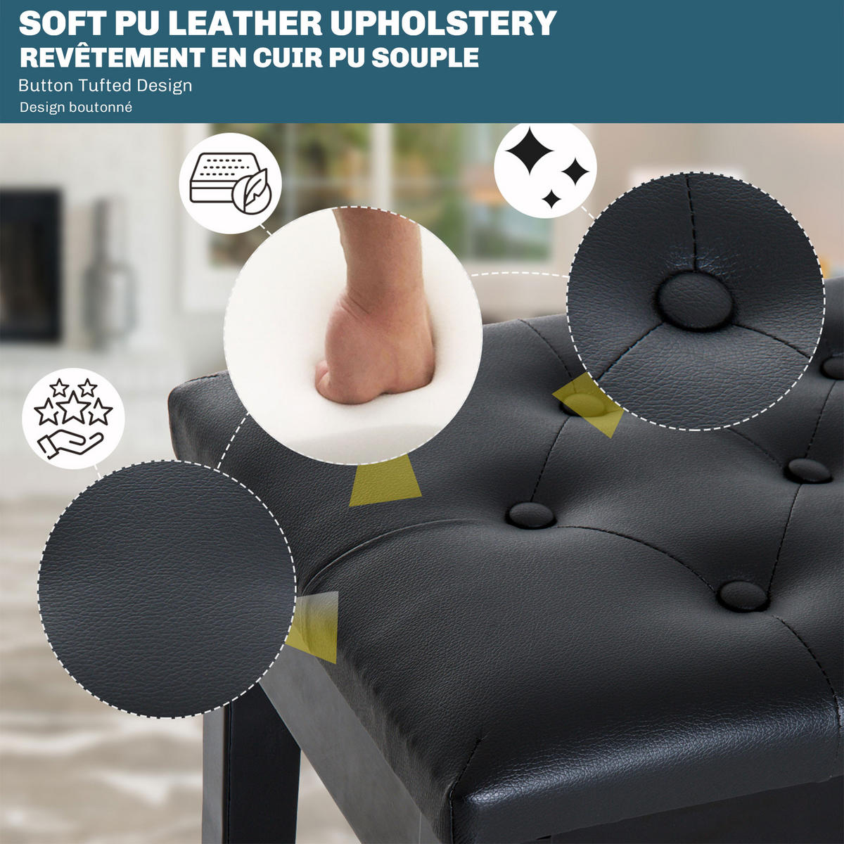 HOCKER DE-16450 Chesterfield mit Staufach Schwarz - Schwarz, Textil (36/50/75cm) - ComfortXL