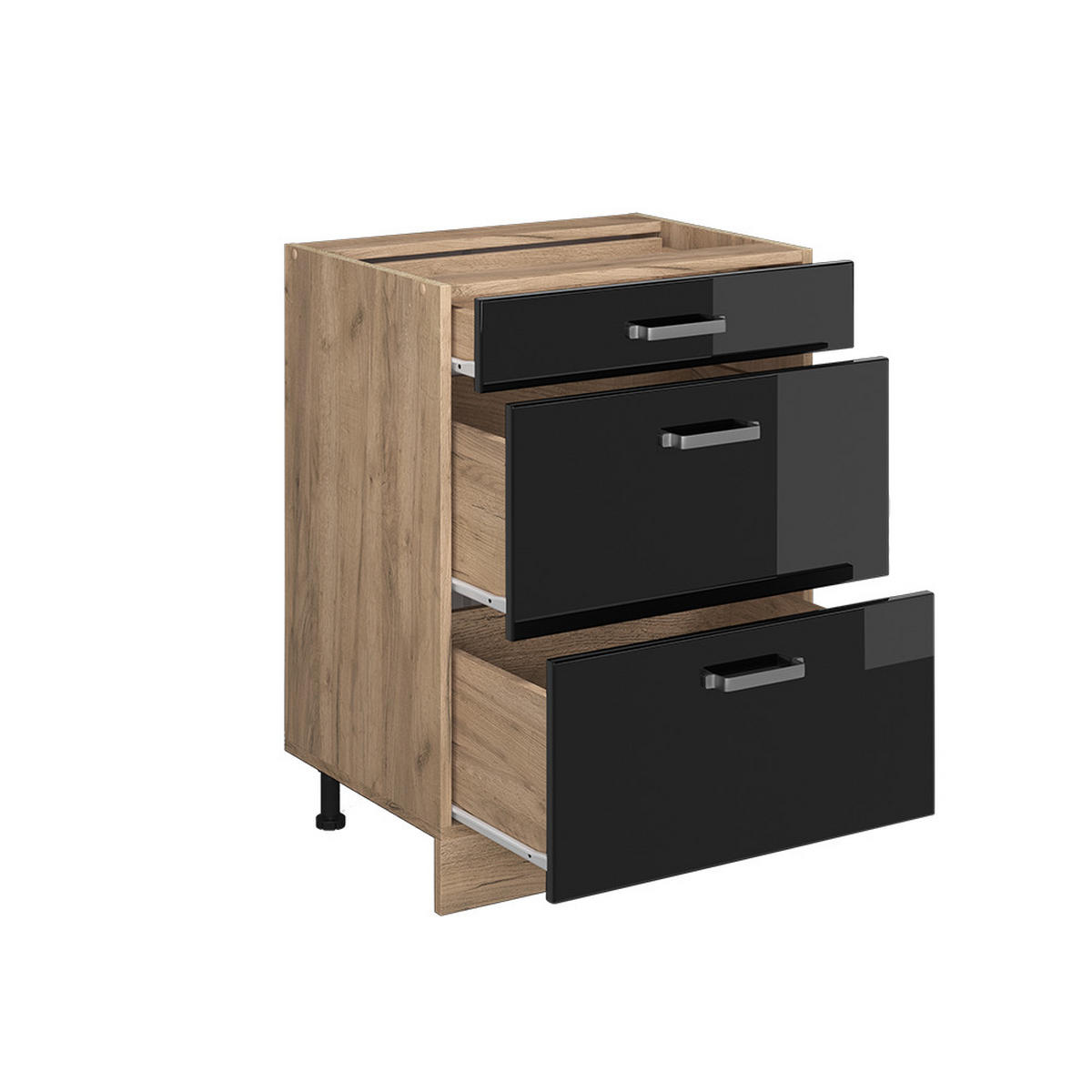 KÜCHENUNTERSCHRANK R-Line Schwarz Hochglanz 60 cm mit Schubladen AP Eiche - Schwarz Hochglanz/Eiche Wotan, Holzwerkstoff (60/81.6/60cm) - Vicco