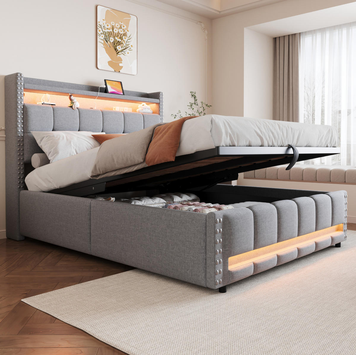 POLSTERBETT mit Stauraum und LED 140x200 cm Leinenstoff Hellgrau - Hellgrau, Metall (140/200cm) - Meubliv
