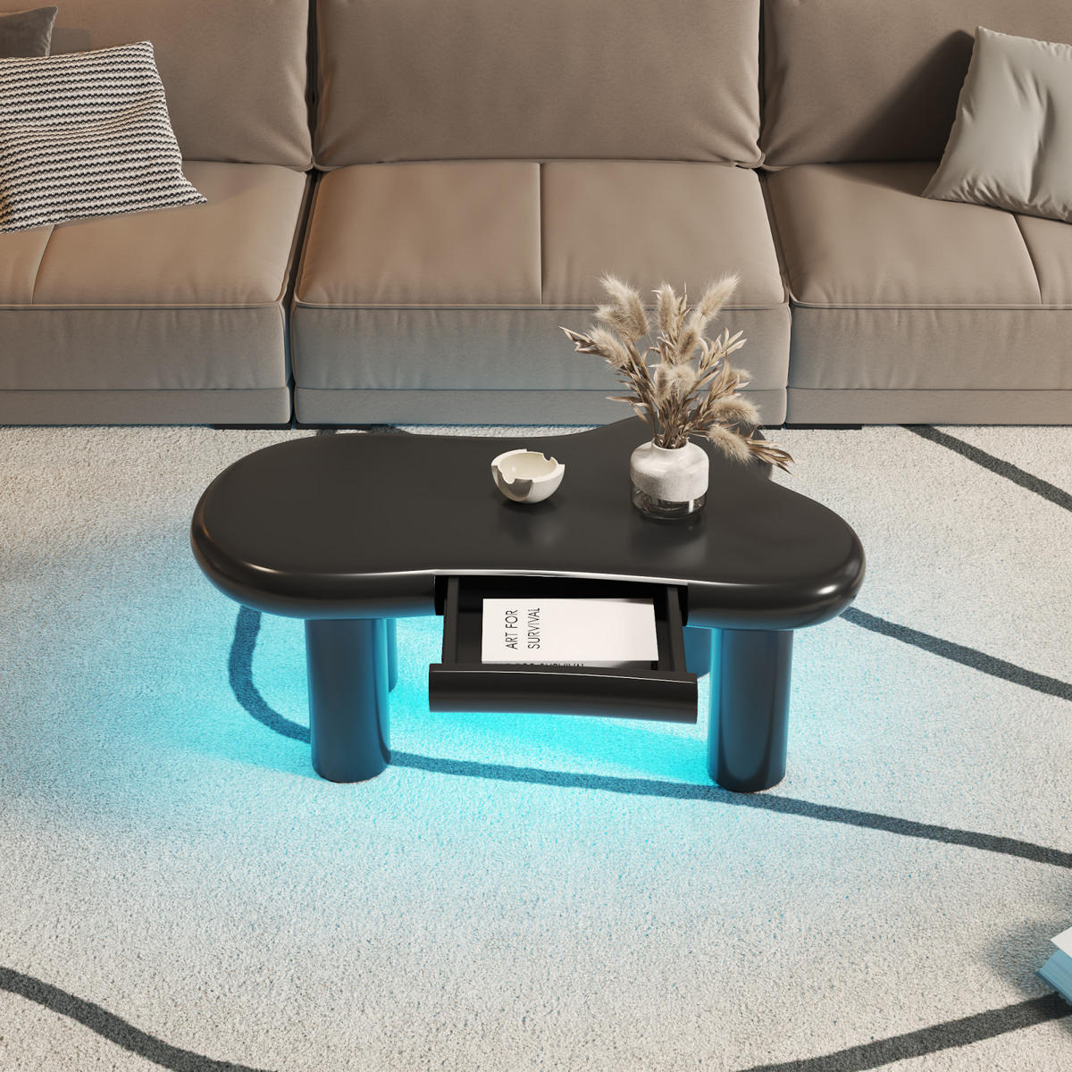 COUCHTISCH Schwarz in Wolkenform mit LED und Schubladen - Schwarz, Metall (98/65/40cm)
