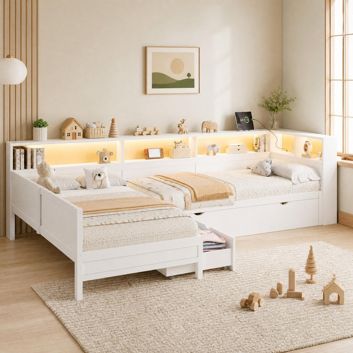 JUGENDBETT 90/200 mit Ausziehbett, LED und USB-C in Weiß - Weiß, Holzwerkstoff (90/200cm) - EVRYAE