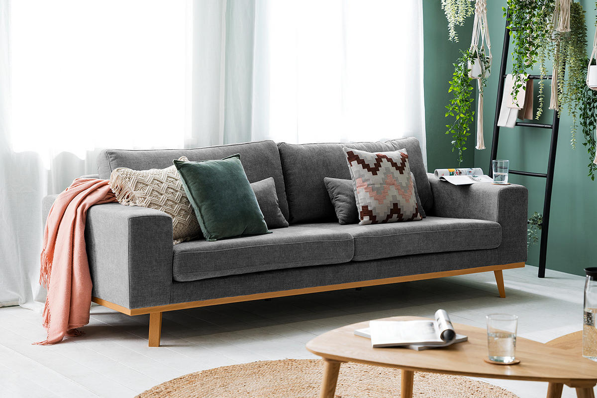 3-SITZER SOFA - Dunkelgrau/Buchefarben, Buchenholz/Textil (237/81/88cm) - home24