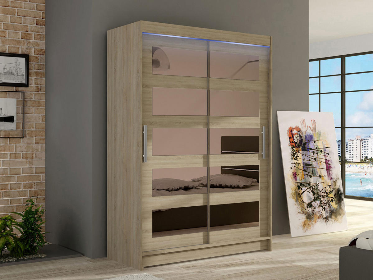 KLEIDERSCHRANK Miami IV, mit RGB LED Beleuchtung - Silberfarben/Sonoma Eiche, Holzwerkstoff/Kunststoff (120/200/58cm) - MIRJAN24