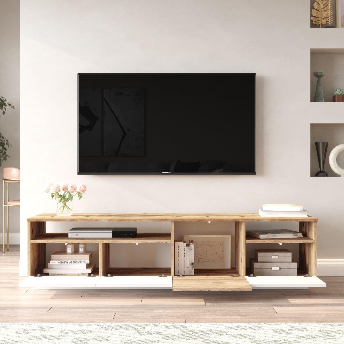 TV-BOARD - 180cm x 44.5cm - Holzspan - naturfarben hell, weiß - CEDONA - Naturfarben, Holz (180/44.6/44.5cm) - Vente-Unique