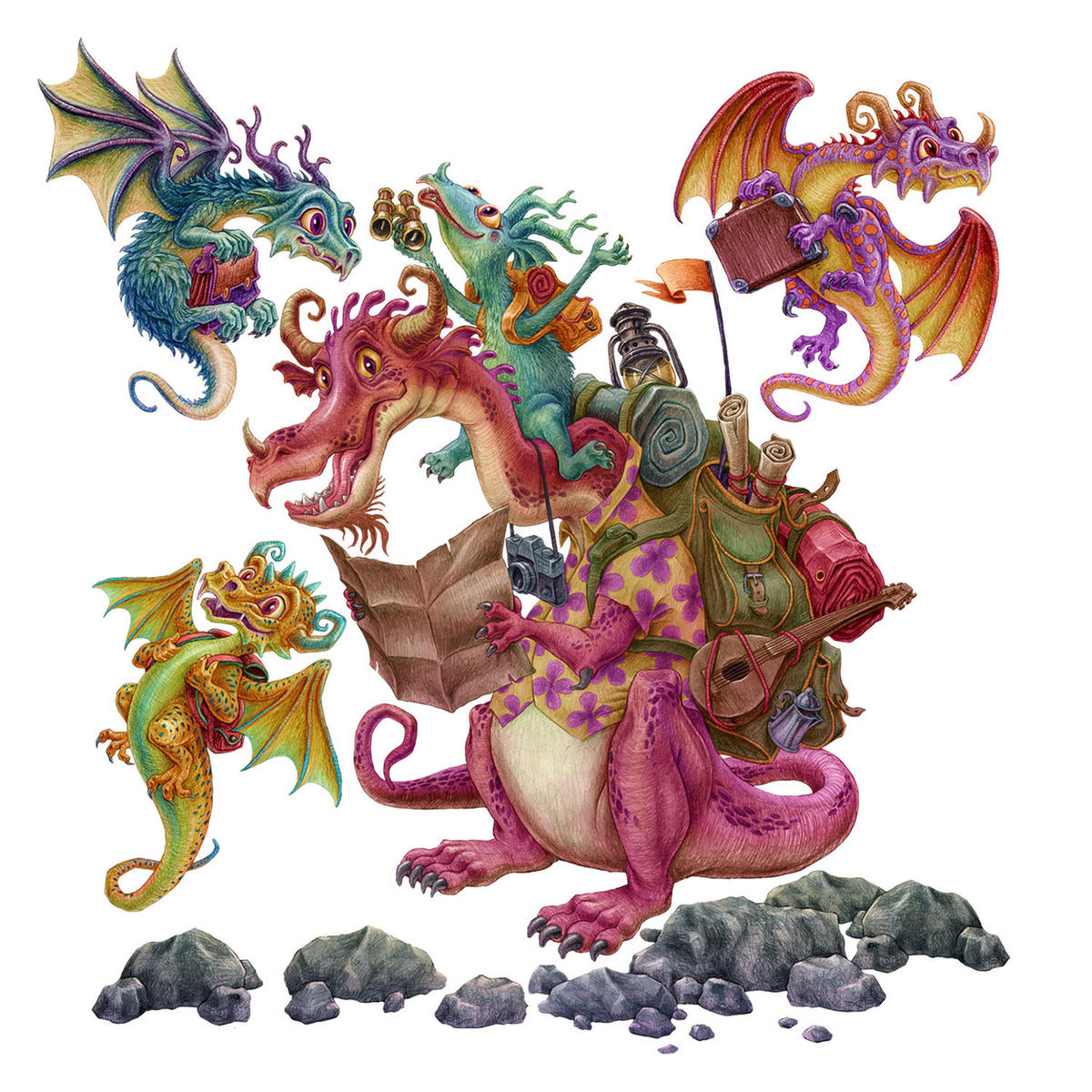 WANDAUFKLEBER 80x107cm - Drachen-Märchenfamilie - Multicolor, Kunststoff (80/107/0.1cm) - Wallfluent