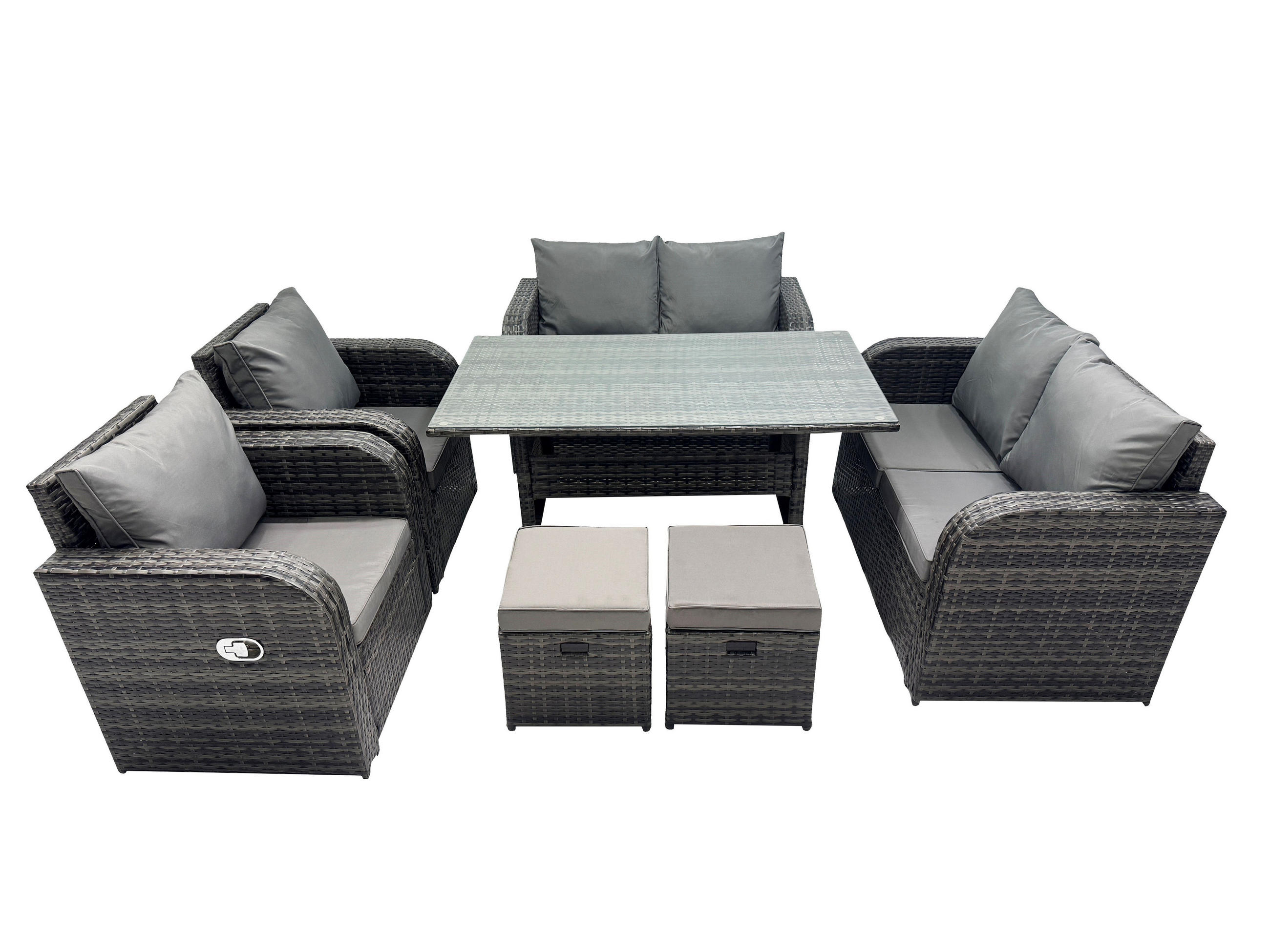 GARTENGARNITUR mit Liegestuhl,Zweisitzer,2 Hockern Polyrattan Dunkelgrau 8-Sitzer - Dunkelgrau/Grau, Glas/Kunststoff - Fimous