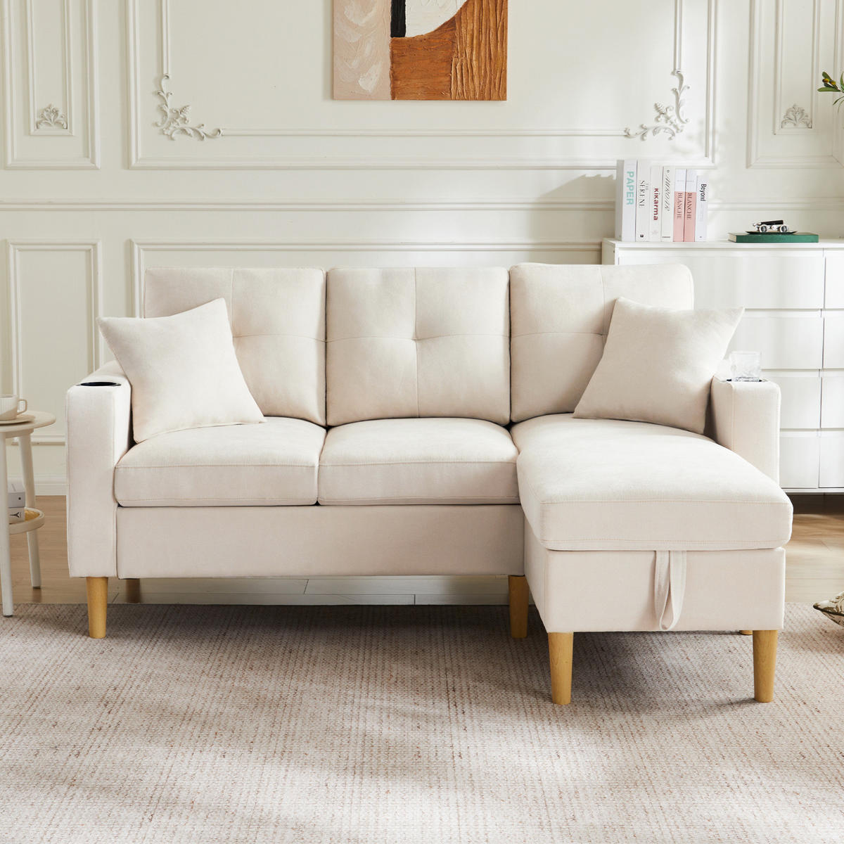 ECKSOFA L-Form Baumwoll-Leinen mit Stauraum und Getränkehaltern 175/129/90 cm Beige - Beige, Textil (175/129cm) - Redom