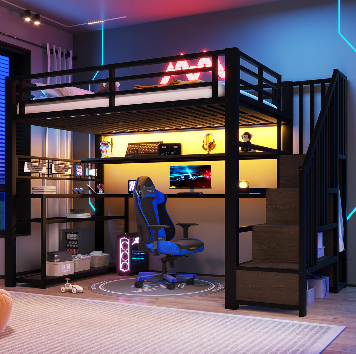 HOCHBETT 90/200 cm Schwarz mit LED, Schreibtisch und Stauraum - Schwarz, Metall (90/200cm) - MIVRAY