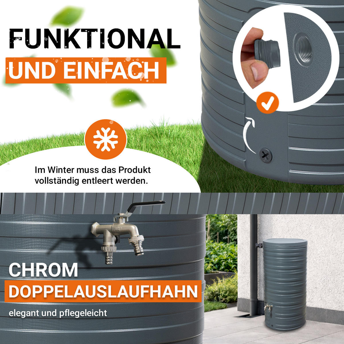 REGENTONNE Komplett-Set 300 L, graphite grey inkl. Chrom-Doppelauslaufhahn und Fallrohranschluss - Grau, Kunststoff (59/118/60cm) - GARANTIA