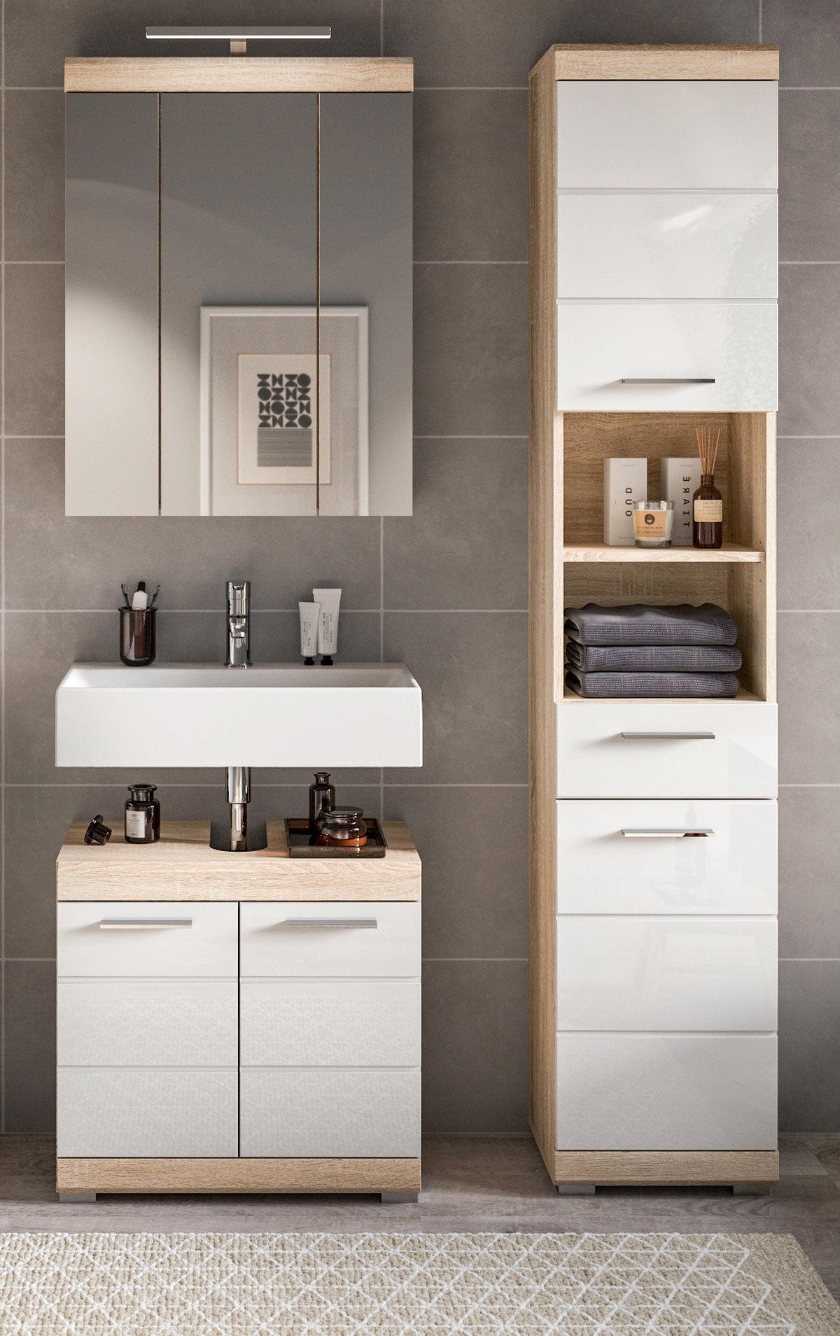 BADMÖBEL-SET weiß Hochglanz, Eiche 3-teilig 112 cm, Kombination mit viel Stauraum - Weiß Hochglanz/Eichefarben, Holzwerkstoff (112/191/34cm) - Inn.Furn