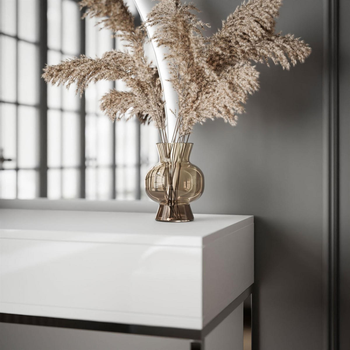 SCHMINKTISCH weiß QUINNIE GLAMOUR mit LED-Spiegel rechts PUSH OPEN - Silberfarben/Weiß, Holzwerkstoff (100/176/42cm) - Lookway