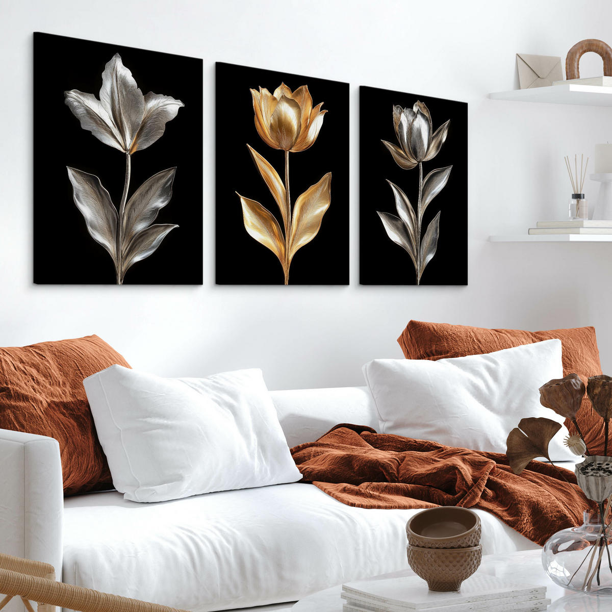 LEINWANDBILDER 3-es Set Abstrakt Blumen - Beige/Schwarz, Textil (90/40cm) - Muralo