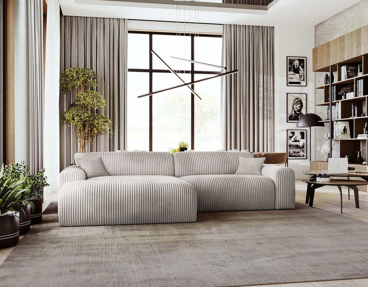 ECKSOFA mit Longchair - Cord - Hellgrau/Schwarz, Kunststoff/Textil (284/178cm) - home24