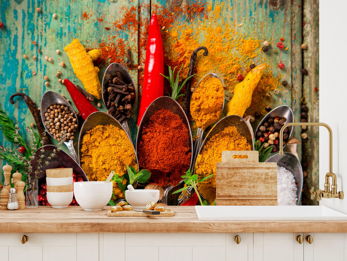 FOTOTAPETE für Küche Gewürze Holz Rustikal Paprika Ingwer 150x105 - Türkis/Blau, Papier (150/105cm) - Muralo