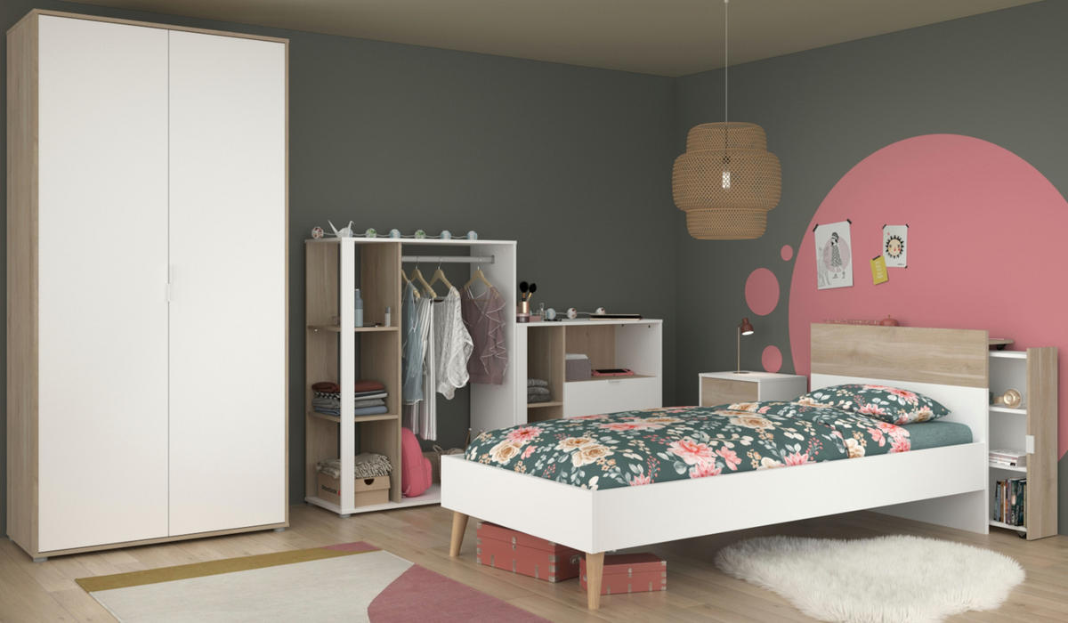 JUGENDZIMMER weiß, Eiche, Komplett-Set 6-teilig mit vielen Fächern - Eichefarben/Weiß, Holzwerkstoff (95/205/206cm) - Parisot Meuble