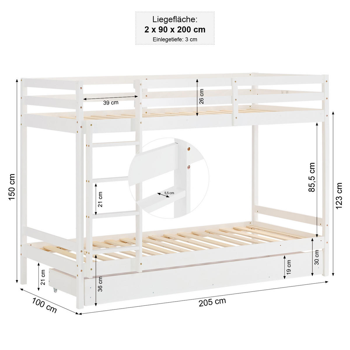 ETAGENBETT Hochbett mit Stauraum 90/200 cm Weiß - Weiß, Holz - Homestyle4u